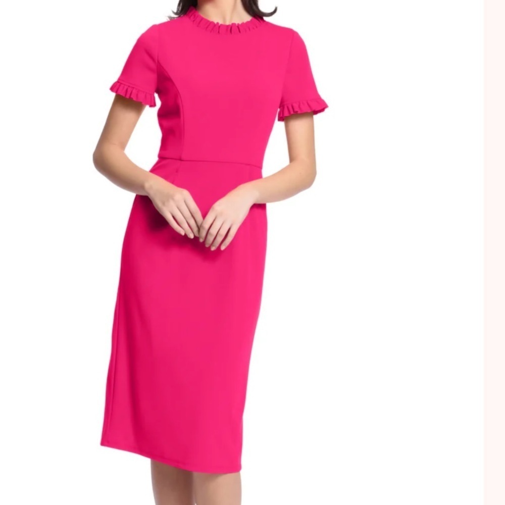 NWT Maggy London Ruffle Collar Slant Pocket Sheath Midi Dress
